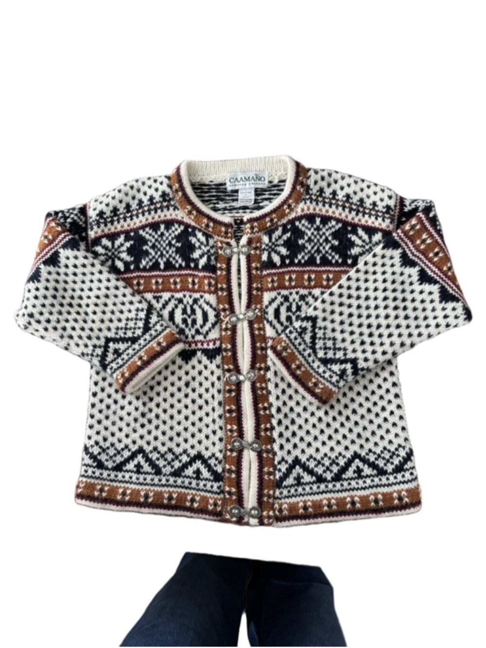 Women's CAAMANO Cardigan M White Brown Fair Isle Scandi Minimal